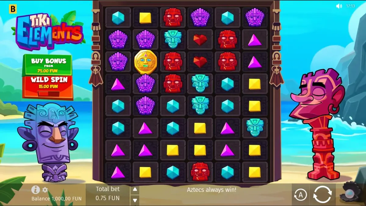 Tiki Elements slot game interface with tropical theme and cluster symbols