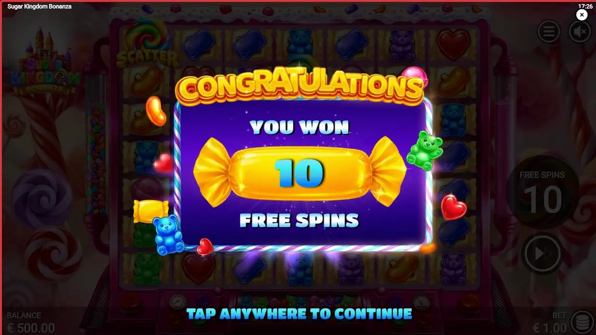 Tampilan visual Sugar Kingdom Bonanza dengan grid 7x7 dan tema kerajaan permen yang cerah.