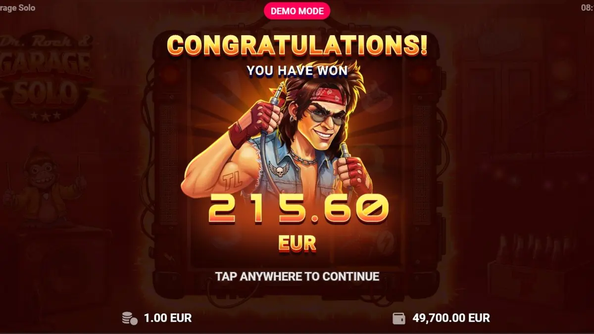 Dr. Rock & Garage Solo slot machine interface featuring rock music theme