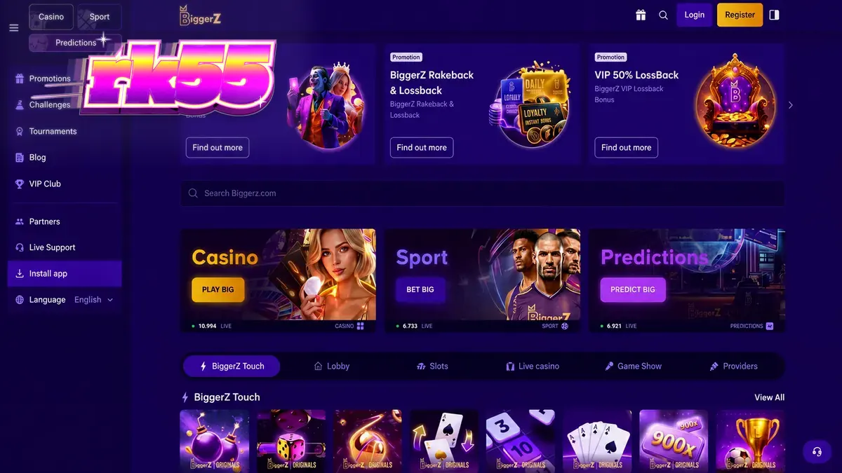 Antarmuka platform BiggerZ yang menampilkan berbagai pilihan permainan kasino dan taruhan.